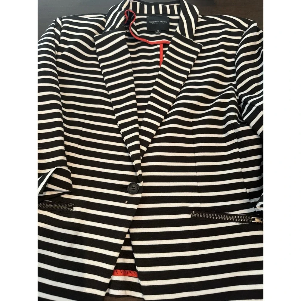 Christian Siriano Runway Style Black White Striped Zipper Pocket Blazer XL - Picture 2 of 12